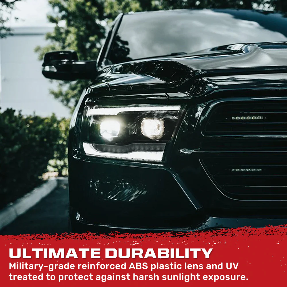 Dodge 19-23 RAM 1500 LED Projector Headlights Ultra High Power Smooth White OLED DRL & Scanning Amber LED Turn Signals w/ Startup Light Sequence (Replaces OEM LED Only) - Smoked / Black - Image 3