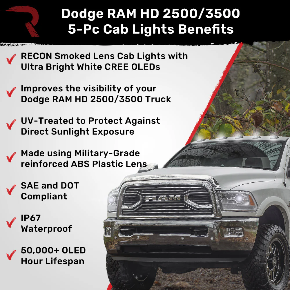 Dodge RAM HD 2500/3500 19-25 5 Piece Cab Roof Light Set 2-Way Front & Rear Facing Ultra High-Power LEDs Multiple Lens & Colors - Image 7
