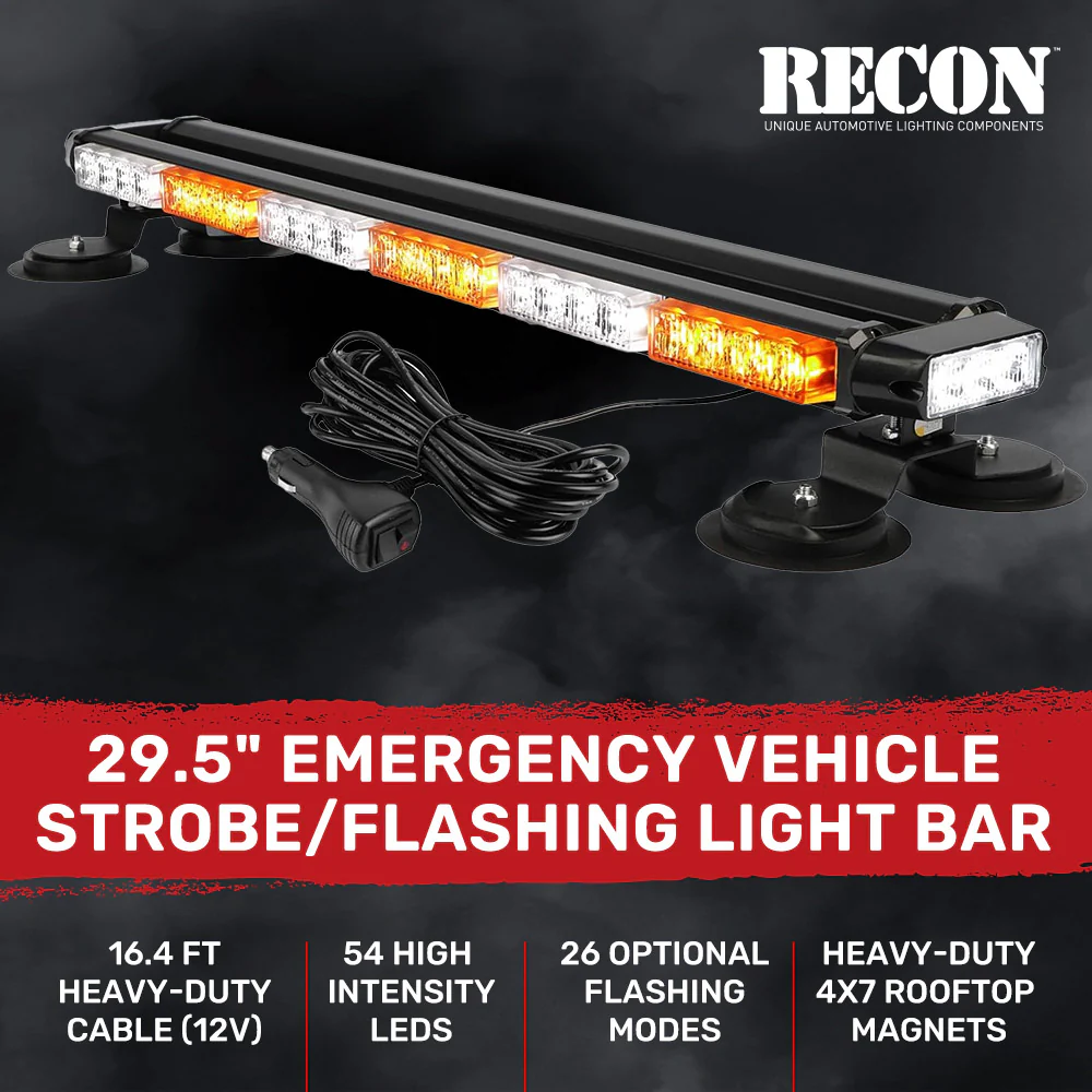 Exterior Roof Mounted 29.5" Emergency LED Strobe Light Bar in Amber & White - HD Magnetic Suction Cup Installation w/ 26 Lighting Functions - Image 3