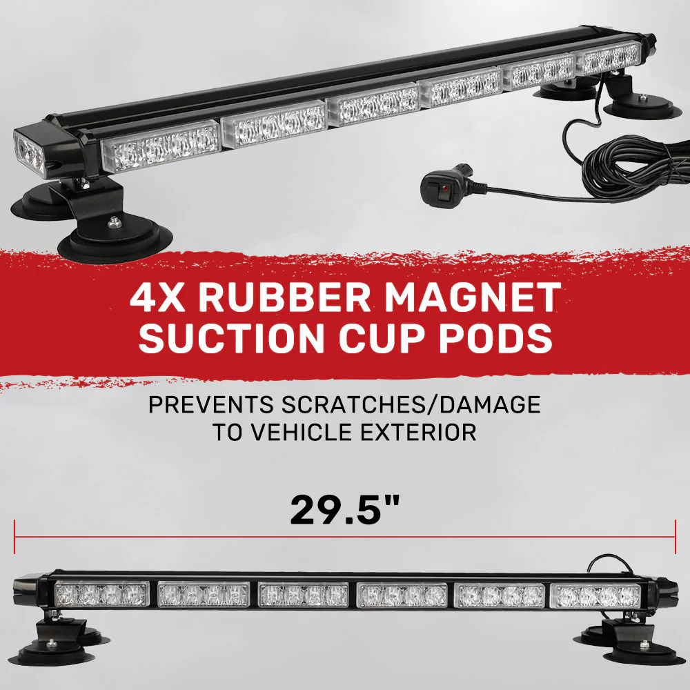 Exterior Roof Mounted 29.5" Emergency LED Strobe Light Bar in Amber & White - HD Magnetic Suction Cup Installation w/ 26 Lighting Functions - Image 4