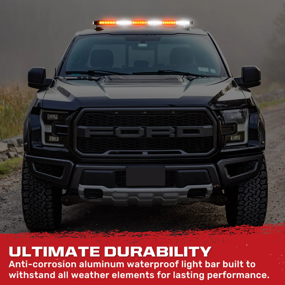 Exterior Roof Mounted 29.5" Emergency LED Strobe Light Bar in Amber & White - HD Magnetic Suction Cup Installation w/ 26 Lighting Functions - Image 6
