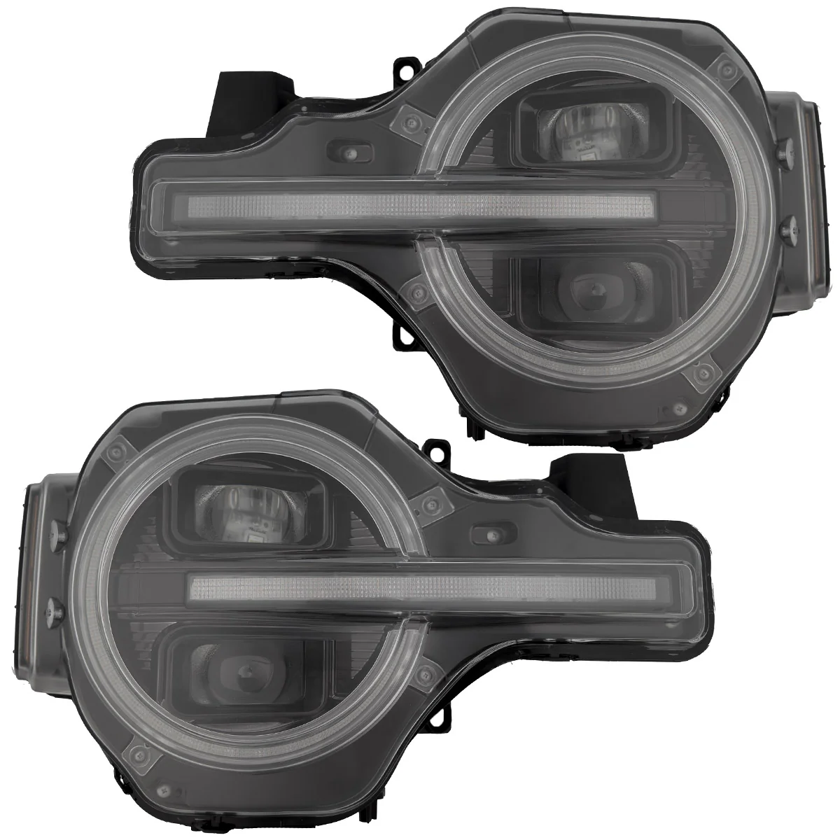 Ford Bronco 21-25 LED Projector Headlights w/ Ultra High Power LED High/Low Beams & White OLED DRL w/ Start-Up Lighting Sequence & Scanning Amber LED Turn Signals - Smoked / Black