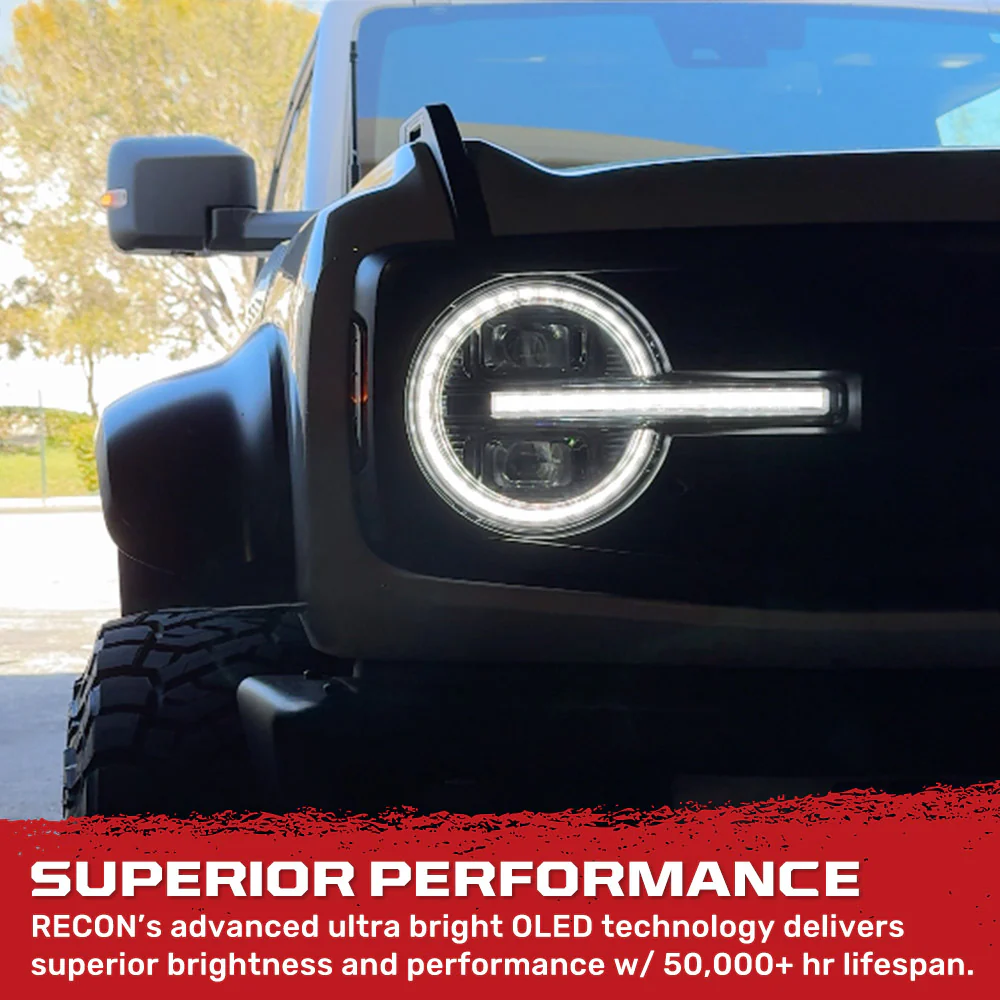 Ford Bronco 21-25 LED Projector Headlights w/ Ultra High Power LED High/Low Beams & White OLED DRL w/ Start-Up Lighting Sequence & Scanning Amber LED Turn Signals - Smoked / Black - Image 9