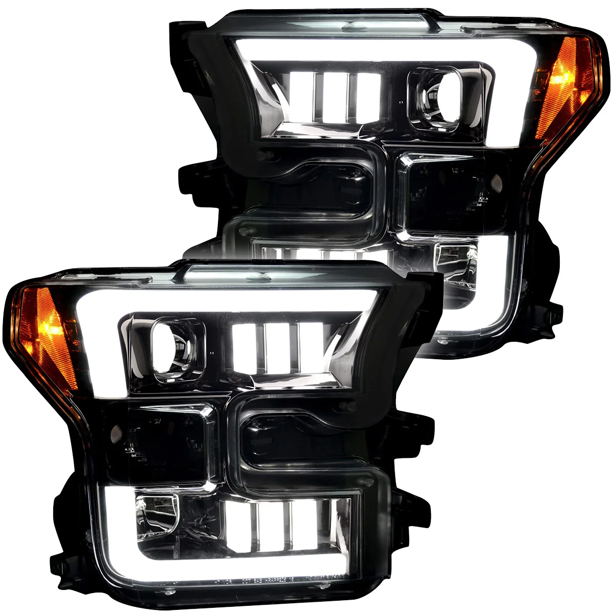 Ford F150 15-17 Projector Headlights w/ Ultra High Power Smooth White OLED DRL Scanning Amber LED Turn Signals (Replaces OEM Halogen Style Headlights) - Smoked/Black - Image 2