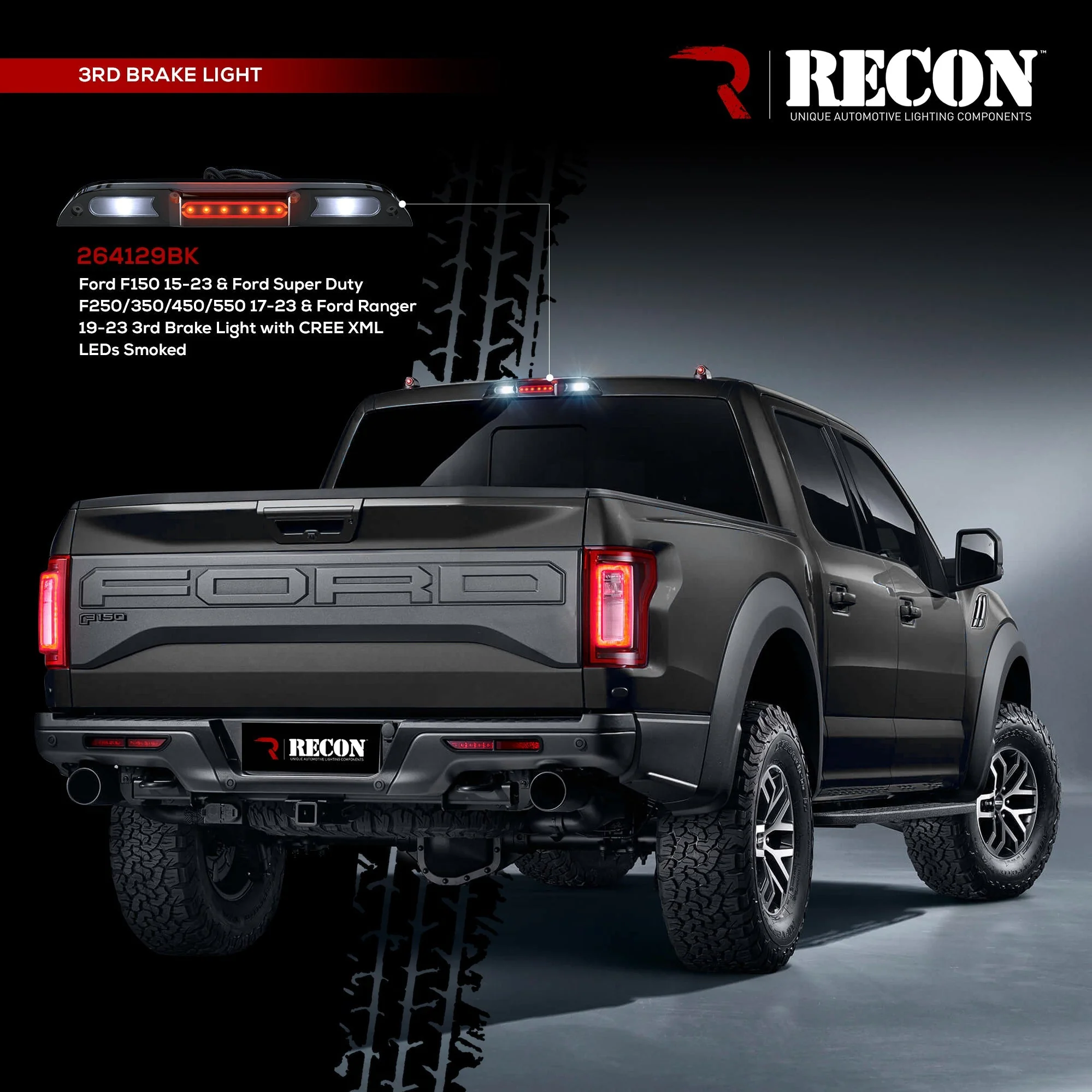 Ford Ranger 19-25 Ultra High Power Red LED 3rd Brake Light Kit w/ CREE XML White LED Cargo Lights (ATTN: DOES NOT FIT Models with Cargo Bed Camera in OEM 3rd Brake Light) - Smoked Lens - Image 3