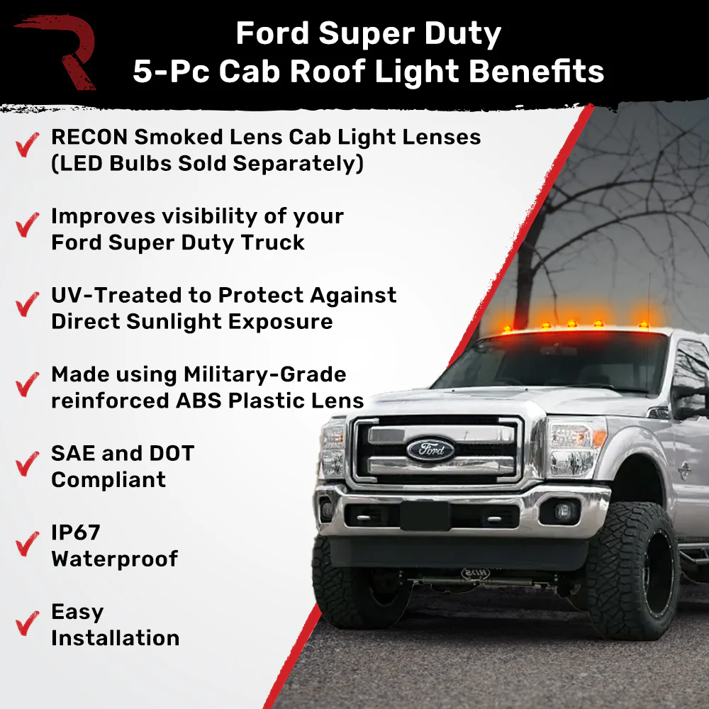 Ford Super Duty 99-16 5 Piece Cab Lights Amber Xenon Bulbs with Smoked Lens - (Attn: This cab light kit replaces OEM factory installed Ford 99-16 cab roof light lenses) - Image 3