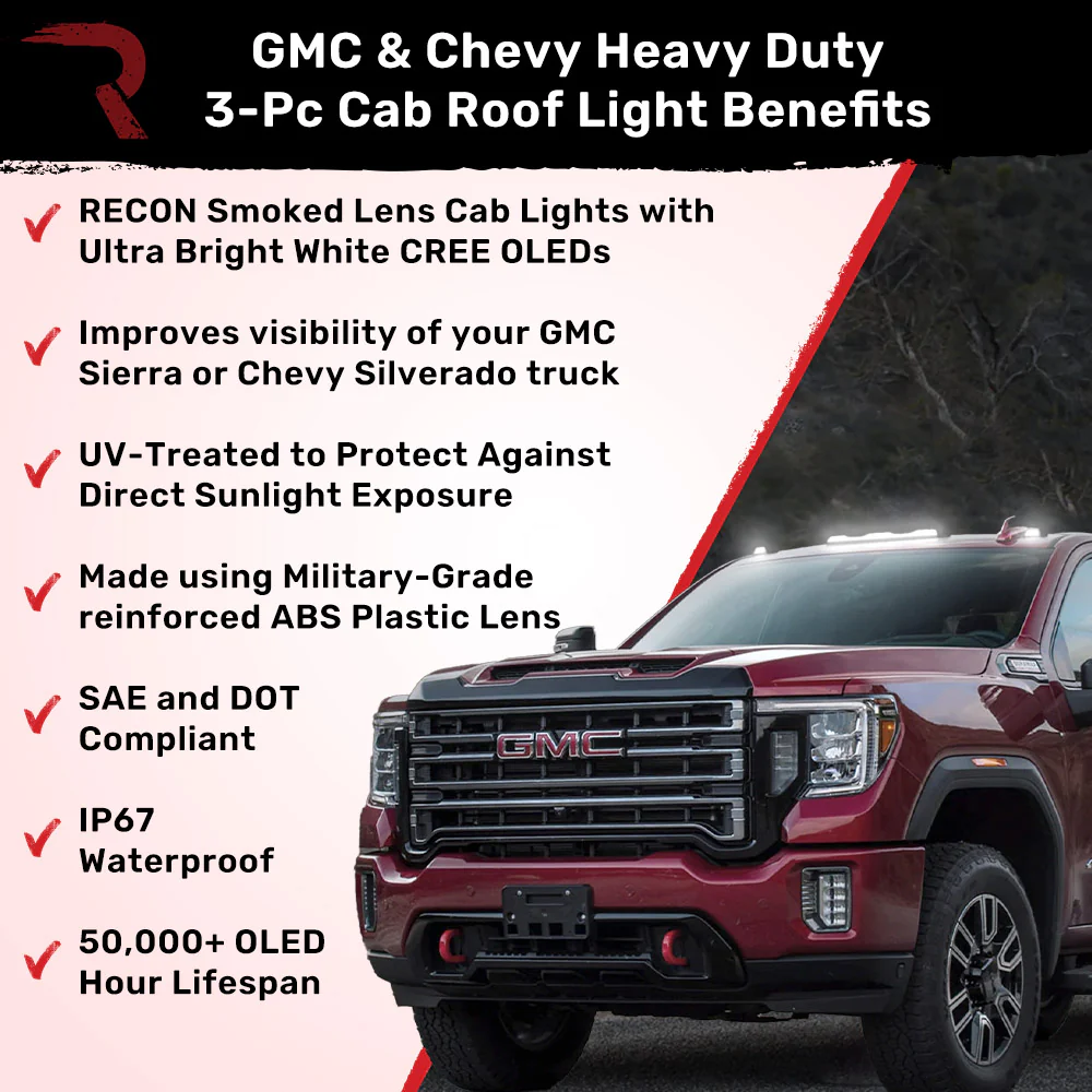 GMC & Chevy 20-25 (4th GEN Body Style) Heavy-Duty (3-Piece Set) Smoked Cab Roof Light Lens with White LEDs - (ATTN: For models that DID NOT come with factory cab roof lights) - Image 3