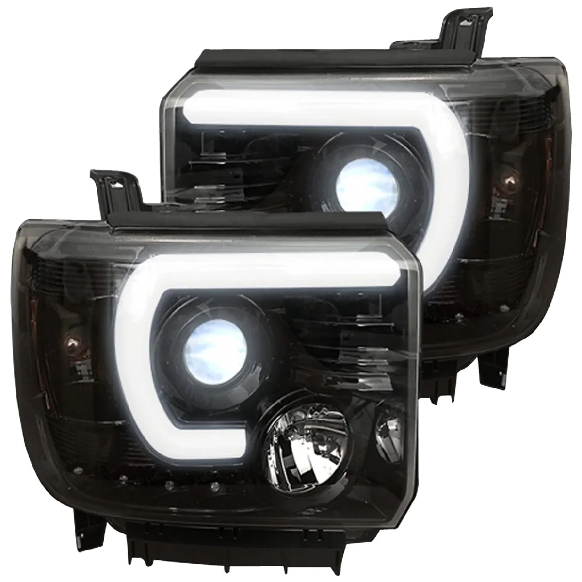 GMC Sierra 3500 15-19 Dually Projector Headlights w OLED Amber DRLs & Scanning OLED Amber Turn Signals in Smoked/Black - Image 3