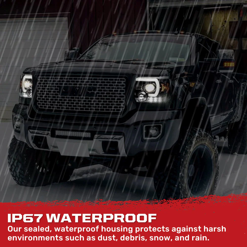 GMC Sierra 3500 15-19 Dually Projector Headlights w OLED Amber DRLs & Scanning OLED Amber Turn Signals in Smoked/Black - Image 8