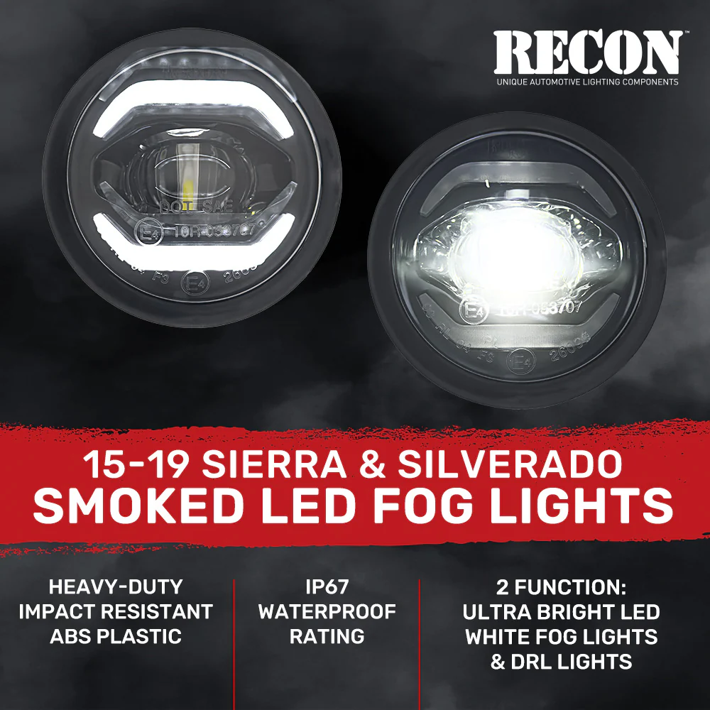 GMC Sierra & Chevy Silverado 15-19 Ultra Bright 2-Function White LED Driving Fog Lights (Fog Lights, DRL) - Smoked Lens - Image 4