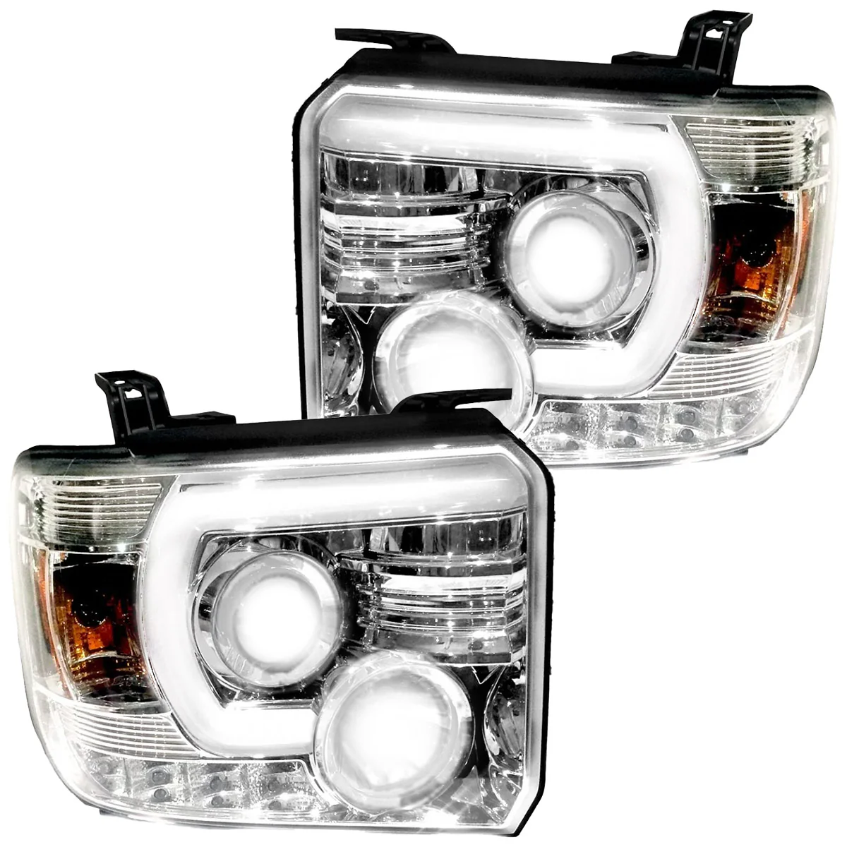 GMC Sierra & Denali 2500/3500 14-19 Single-Wheel HD Projector Headlights w Smooth OLED DRLs & Halos in Clear/Chrome - Image 2