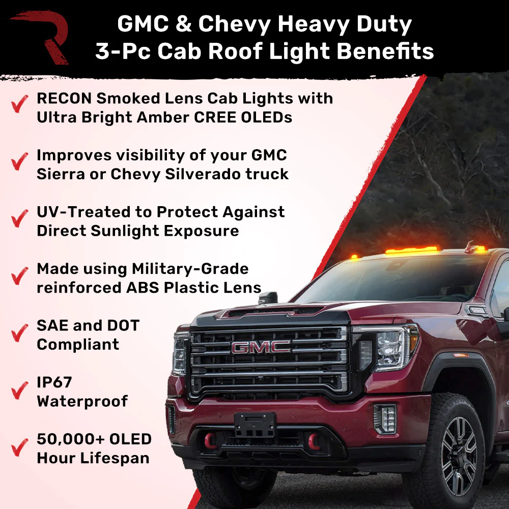 RECON - GMC & Chevy 20-25 (4th Gen) Heavy-Duty 3-Pc Cab Roof Light Set 2-Way Front & Rear Facing Ultra High-Power LED (ATTN: For models that DID NOT come with factory cab roof lights) - Multiple Options - Image 5