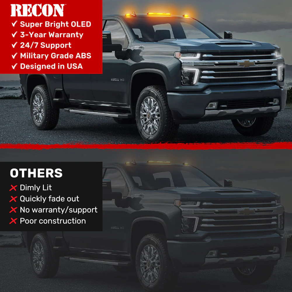 RECON - GMC & Chevy 20-25 (4th Gen) Heavy-Duty 3-Pc Cab Roof Light Set 2-Way Front & Rear Facing Ultra High-Power LED (ATTN: For models that DID NOT come with factory cab roof lights) - Multiple Options - Image 6