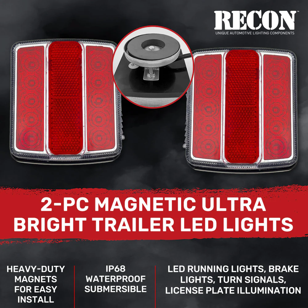 Red Magnetic 2-Pc Universal LED Trailer Lights (Red Running Lights, Brake Lights & Turn Signals) 7-Pin Plug - Image 5