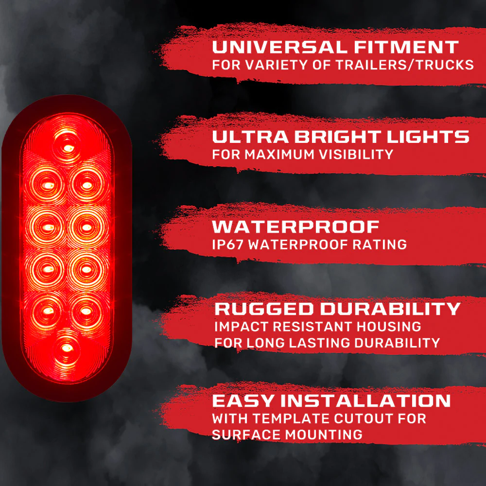 Red Oval 6" Universal 2-Pc LED Cargo Trailer Lights (Red Running Lights, Brake Lights & Turn Signals) 4-Wire Pin System - Image 6