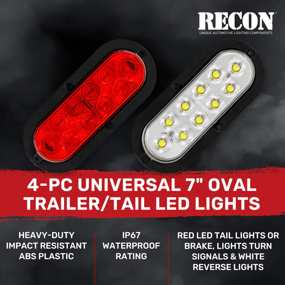 Red & White Oval 6" Universal 4-PC LED Trailer Tail Lights (Red Tail Lights, Brake Lights & Turn Signals, White Backup/Reverse Lights) - Image 4