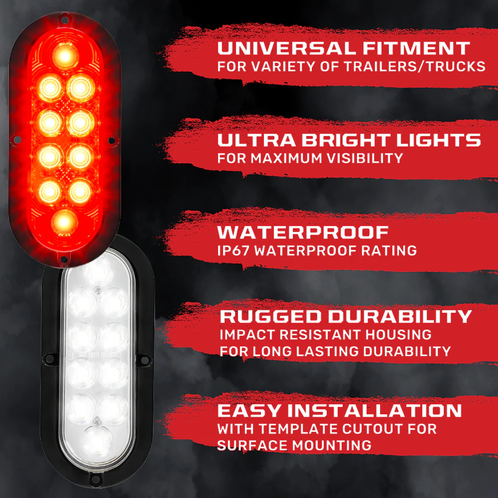Red & White Oval 6" Universal 4-PC LED Trailer Tail Lights (Red Tail Lights, Brake Lights & Turn Signals, White Backup/Reverse Lights) - Image 8