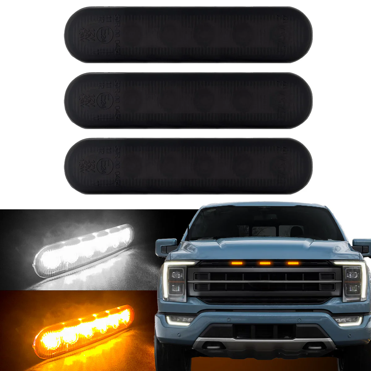 Universal 3-Pc Front Grille High Power Switchable Amber or White LED Running Lights - Smoked Lens