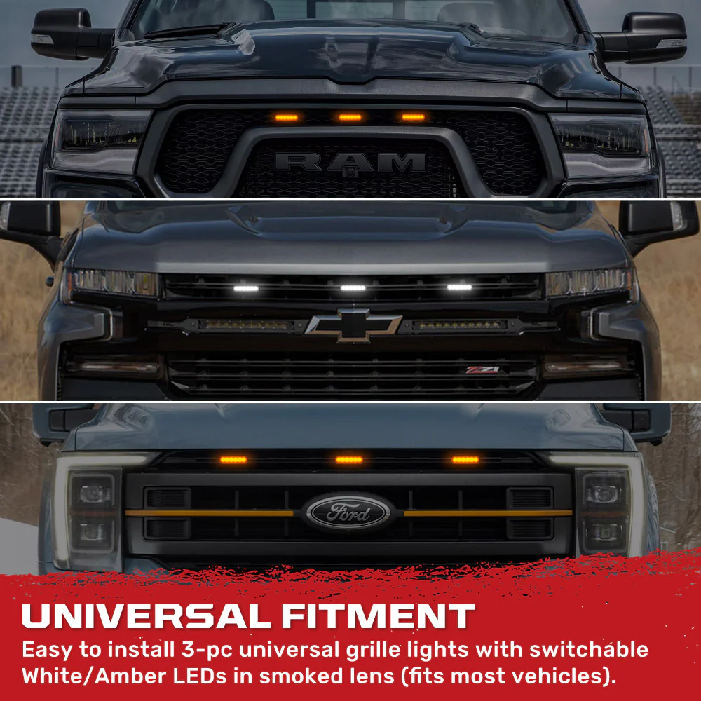 Universal 3-Pc Front Grille High Power Switchable Amber or White LED Running Lights - Smoked Lens - Image 6