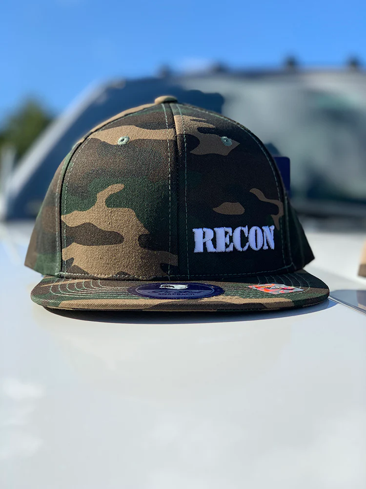 White RECON Logo on Green Camo Hat - Snap Back